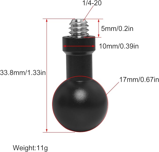 2PCS 17mm Ball Head to 1/4 Stainless Steel Short Screw Connection Rod Car Mobile Phone Navigation Mount Motorcycle Rearview Mirror Accessories Camera Camera Connection Accessories
