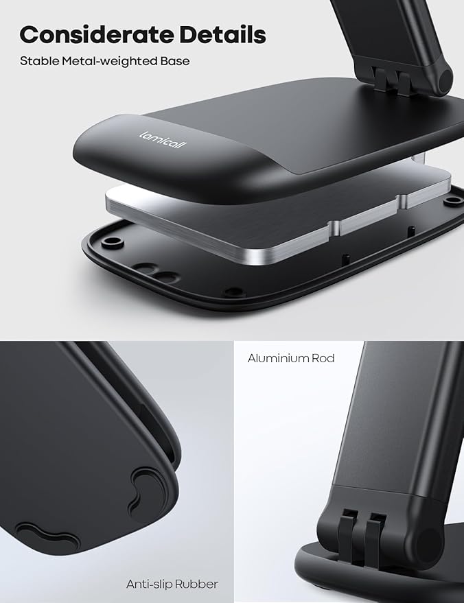 Lamicall Cell Phone Stand for Desk - [Height Adjustable] Foldable Mobile Phone Holder, Portable Stand for iPhone 16 15 14 13 12 11 Pro Max Plus, Galaxy S25 S24, All Cellphones, Office Accessories