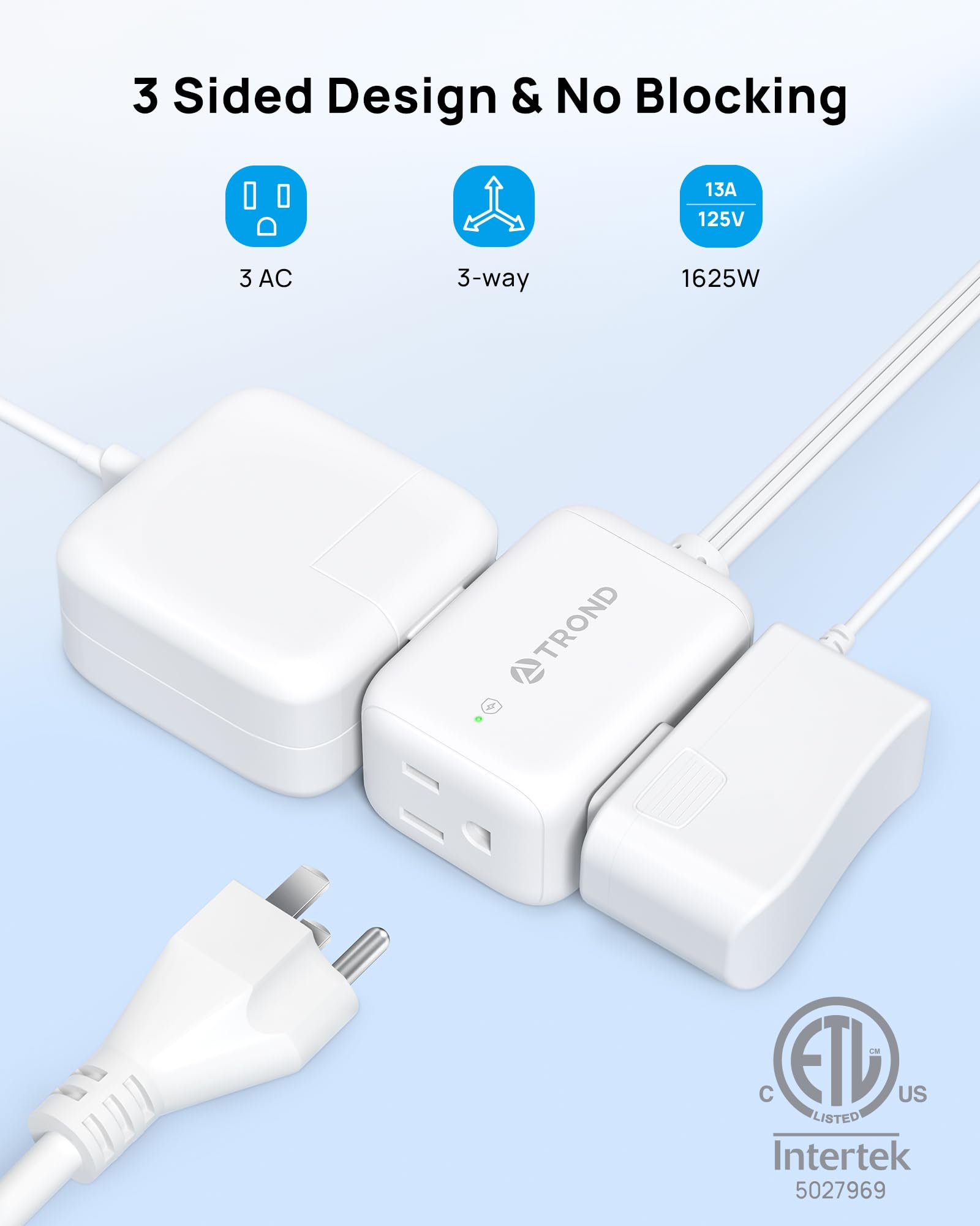 TROND Rotating Flat Plug Extension Cord Surge Protector 15ft, 3 AC, White