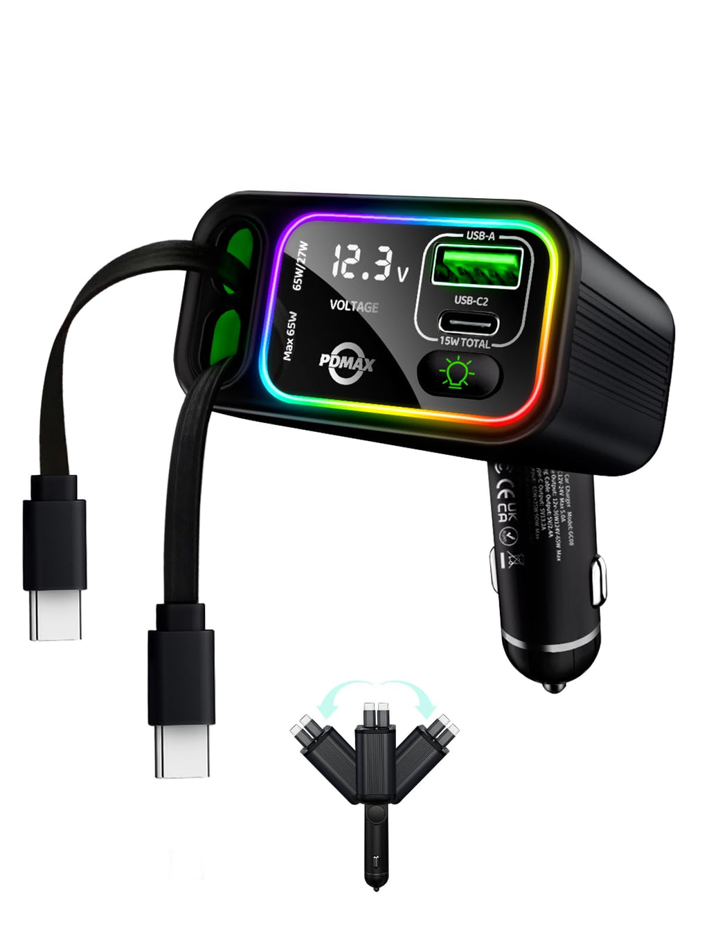 Retractable Car Charger USB C, 145W Max, Dual Cables, Voltage Display & LED