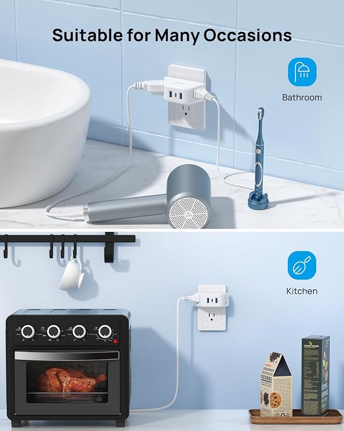 TROND Outlet Extender with USB, Wall Splitter with 2 AC Sockets, 3 USB Ports, 3-Side Design Wall Plug Adapter, Cruise Essentials, Plug Extension Outlet for Travel Home Office, White