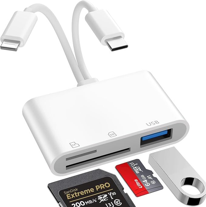 SD Card Reader for iPhone iPad Mac, Lightning & USB-C Dual Connectors Memory Card Reader with SD/Micro SD/USB-A 3 Slots, Digital Camera Adapter to iPhone, Plug & Play