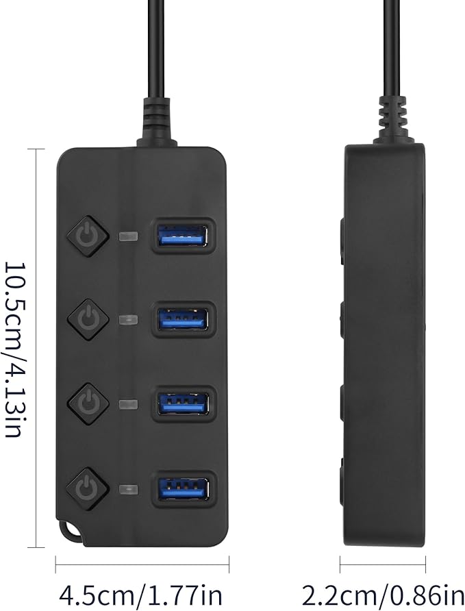 90 Degree USB Hub Splitter YACSEJAO USB 2.0 Data Hub with Individual LED Button On/Off Switch DC5.5 * 2.1 Power Port for Laptop,PC Computer (4 Ports, 0.3M)
