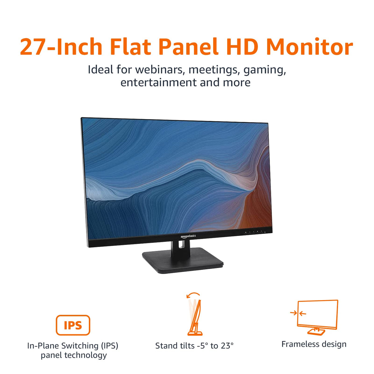 Amazon Basics 27 in IPS Monitor, Full HD 1080P, 75 Hz, Adjustable Stand, HDMI, Display Port, VGA Input, Built-in Speakers, VESA Compatible, Black
