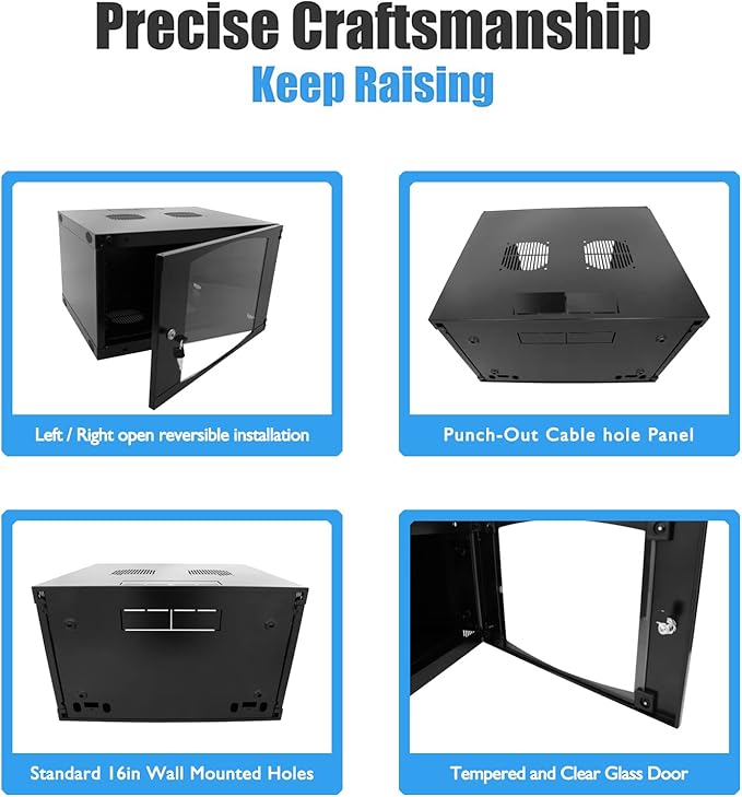 Raising Electronics Wall Mount Server Cabinet for Networking Data Home Video WiFi Internet System with 12 inch Install Depth (6U 450mm deep)