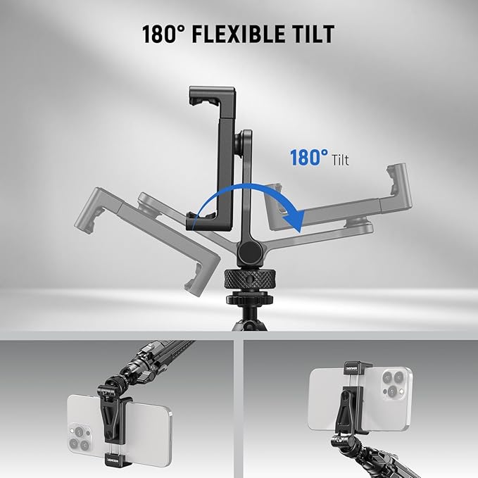 NEEWER Adjustable Phone Tripod Mount with Cold Shoe 1/4" Thread 180° Tilt 360° Rotation Cleaning Cloth Phone Clamp Holder Compatible with iPhone Samsung Android Camera Cage for Video Recording, GA010