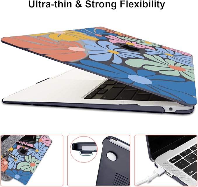 Compatible with 2021 2020 2019 2018 MacBook Air 13 inch Case M1 A2337 A2179 A1932 Touch ID, Crystal Printed Pattern Plastic Hard Shell Case for Mac Air 13 M1 2021, Colorful Flowers Black