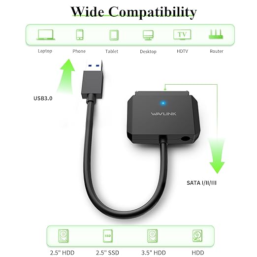 WAVLINK SATA to USB Type-A Hard Drive Cable, 5Gbps USB3.0 to Sata Cable Support UASP, External Hard Drive SATA I/II/III Connector 2.5" SSD/HDD and 3.5" HDD up to 20TB
