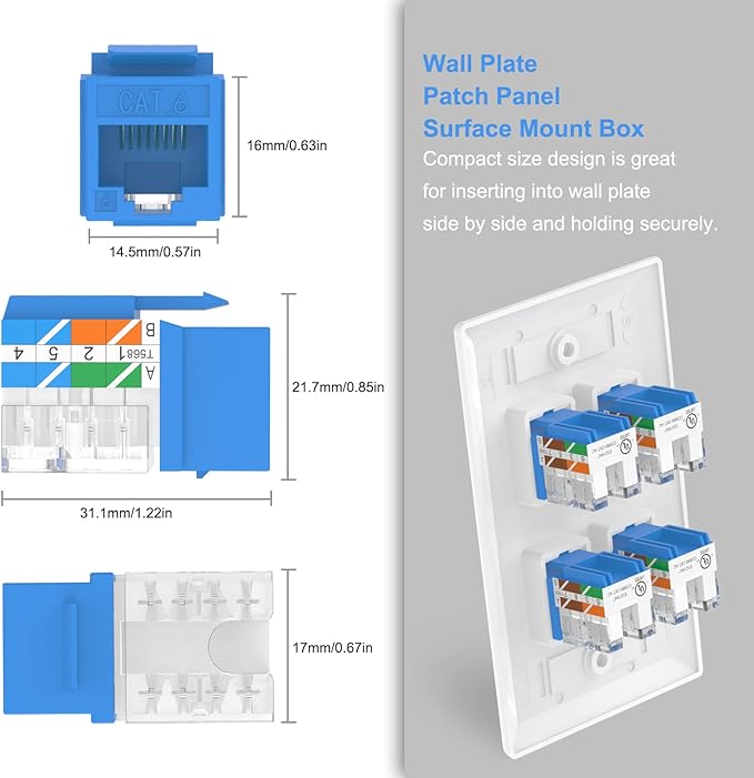 VCE UL Listed Cat6 RJ45 Keystone Jack Insert 25-Pack, 90 Degree Punch Down Keystone Jack Adapter Slim Profile Mixcolor