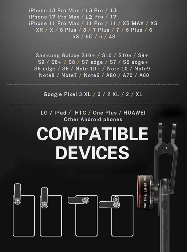Phone Camera Lens, Clip on Cell HD Phone Fisheye Lens kit, 235° Fisheye Lens ，for Most iPhone Android Samsung Phones and Smartphones