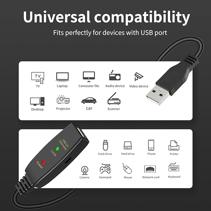LDKCOK 30FT Active USB Extension Cable 2.0 Male to Female with A Extension chipset Signal Booster - Active Extension/Repeate