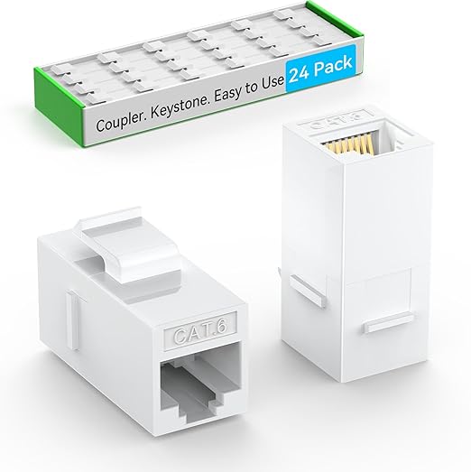 CAT6 RJ45 Keystone Coupler (24 Pack), Cat6 Keystone Jack Female to Female, Cat 6 Inline Keystone Jacks for Wall Plate & Patch Panel, RJ45 Ethernet Coupler White
