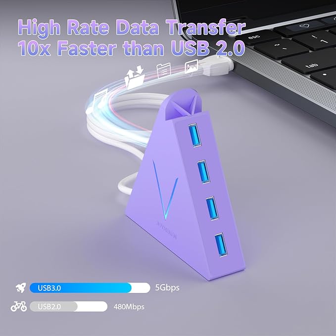 4-Port USB 3.0 Hub Tower with 2ft Cable - USB Splitter for Laptop,PC,PS4,PS5,Xbox,Mouse,Keyboard,Hard Drives,Mobile HDD(Light Purple)