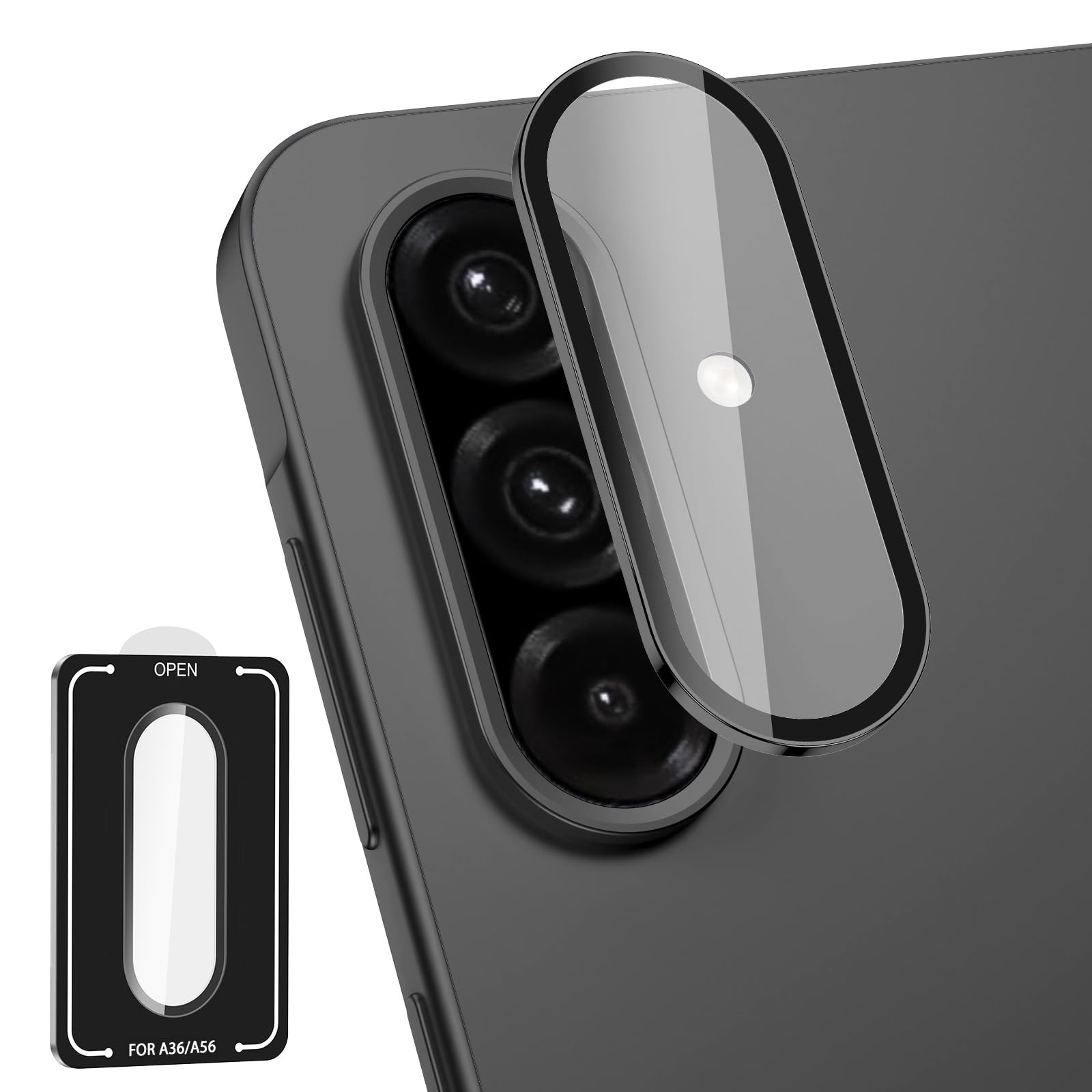 Avocase for Samsung Galaxy A36/A56 Camera Lens Protector, Individual Metal Ring Tempered Glass Lens Cover, [Strong Adsorption] Scratch Resistant Ultra-Thin HD Clear Lens Cover, 1 Set-Black