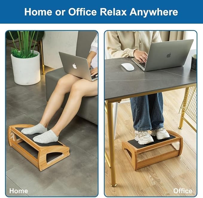 StrongTek Ergonomic Under Desk Footrest, 3 Adjustable Heights Wooden Office Footrest, Large Anti-Slip Surface, Improves Posture and Blood Circulation, up to 400lbs (Natural)