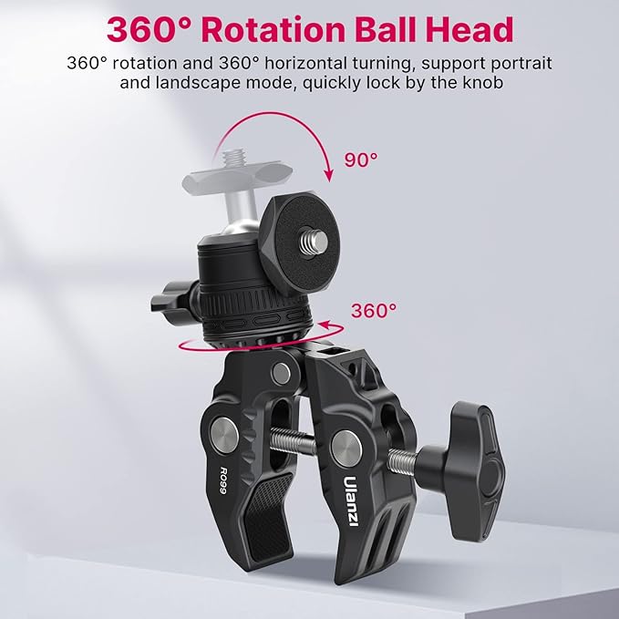 ULANZI R099 Super Clamp Camera Mount with 360° Ballhead for Bike/Bicycle/Motorcycle Handlebar Pole Tripod Tube Crossbar Gimbal Rods Mount for Insta360/GoPro/AKASO/DJI/Phone/DSLR/Light/Monitor