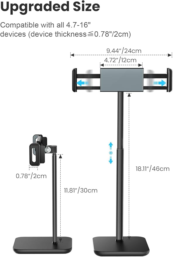 tounee Height Adjustable Tablet Stand, 3.5lb (1.6kg) Max Support, Up to 18" Tall, Slim Portable Monitors Stand Compatible with iPad Pro 12.9, Surface Pro, All 4.7"-15.6" Devices - Black