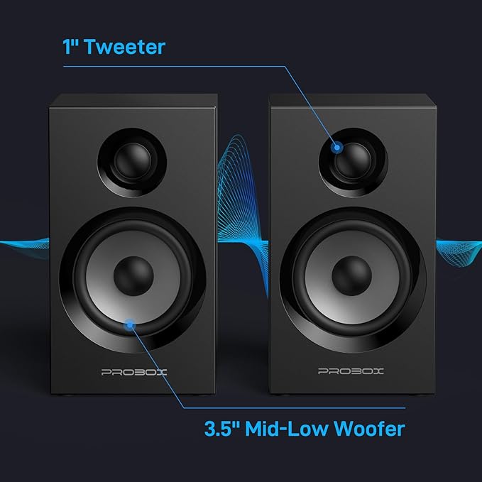 BT16 HiFi Bookshelf Speakers 3.5" Woofer with 1" Tweeter, 60W(30Xx2) Bluetooth 5.3, Powered Stereo Speaker with 24bit DAC USB and Adjustable Treble/Bass, Computer Gaming PC Speakers - Black