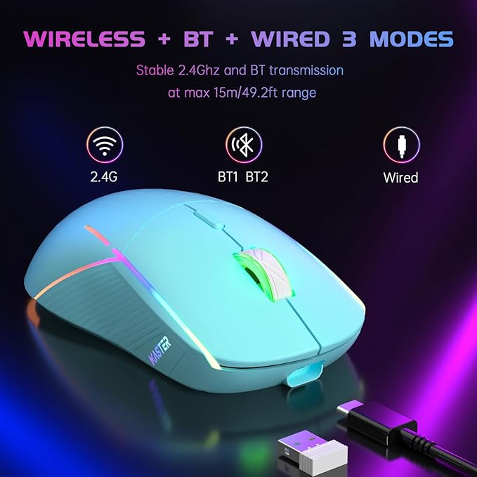 FFJ Wireless Gaming Mouse, 24000 DPI, Tri-Mode 2.4G/USB-C/Bluetooth 5.3 Gaming Mouse Wireless, RGB Programmable Mouse Gamer, 75Hrs Battery Life, Rechargeable Gaming Mice for PC, Mac, PS5, Xbox - Mint