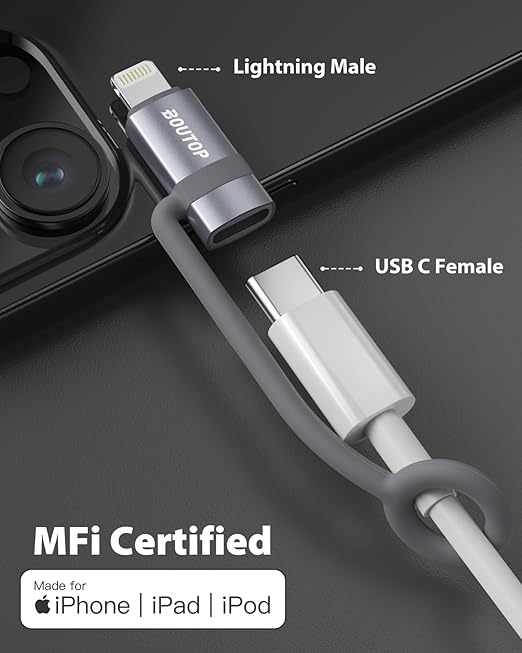[MFi Certified] USB C to Lightning Adapter Support 36W PD Fast Charging with Anti-Loss Design Compatible with iPhone Gray -2 Pack