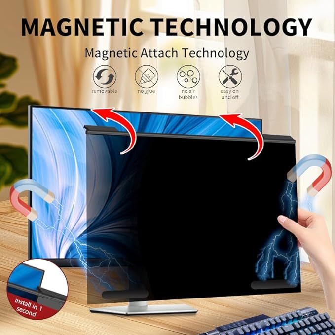Magnetic Hanging Computer Privacy Screen Filter for 20 Inch, Removable Aluminum Alloy Privacy Shield for 16:9 Widescreen Monitor, Eye Protection Blue Light Filter