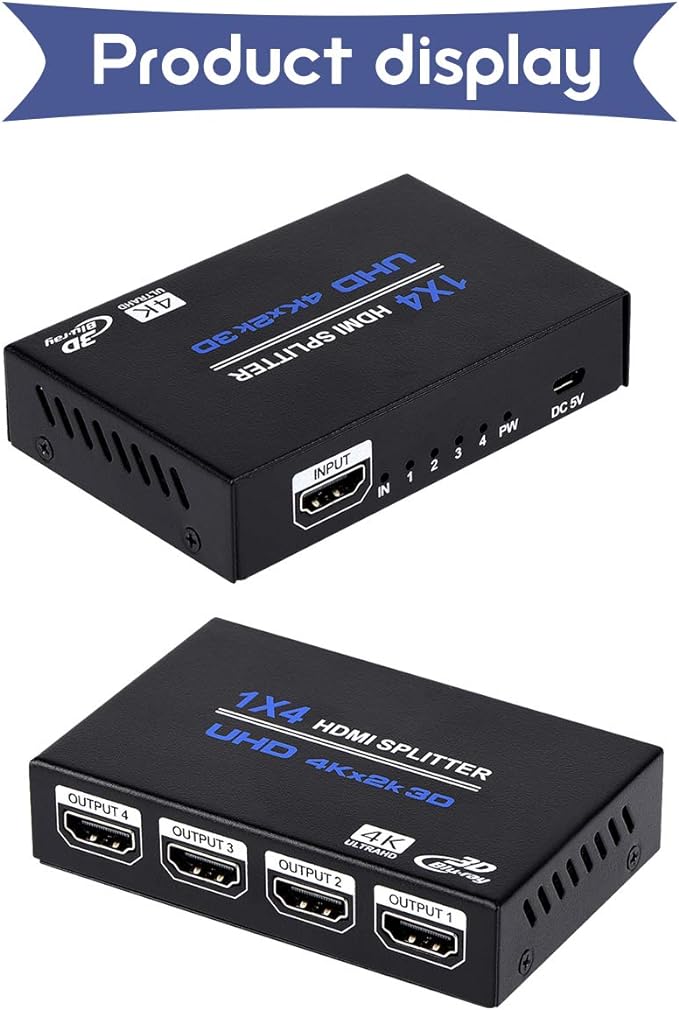 1x4 HDMI Splitter, 1 in 4 Out HDMI Splitter Audio Video Distributor Box Support 3D & 4K x 2K Compatible for HDTV, STB, DVD, PS3, Projector Etc, Duplicate/Mirror Screen Only (Not Extend)
