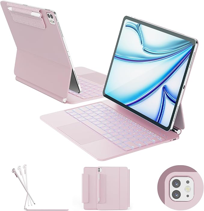 for iPad Air 13 inch Case with Keyboard (M3,2025 / M2,2024), iPad Pro 12.9 (6th/5th/4th/3rd Gen) Magic Keyboard, Springy Backlit Keys, Stain-Resistant Surface, Multi-Touch Trackpad, Pink