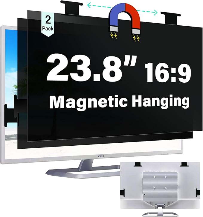 [2 Pack] Magnetic 23.8 Inch Computer Privacy Screen for 16:9 Aspect Ratio Widescreen Monitor, Hanging Eye Protection Anti Glare Blue Light Computer Monitor Privacy Filter, Removable 23.8 in Protector Film