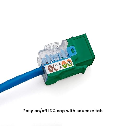 trueCABLE Cat5e Keystone Jack, Unshielded (UTP), 90 Degree Punch-Down, PoE++ (4PPoE) 100W, UL Listed, ETL Verified, ANSI/TIA Certified, Modular RJ45 Female, Green, 24 Pack