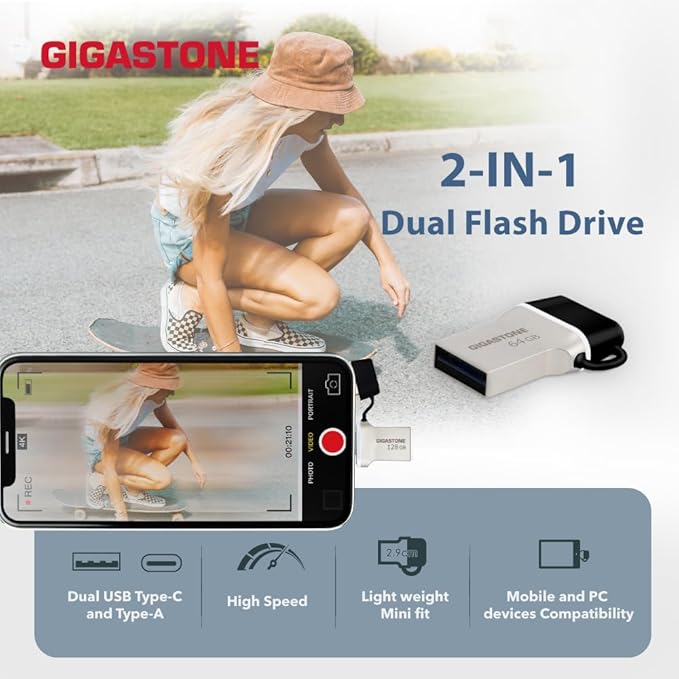 GIGASTONE 64GB Nano Luxus Dual Drive, Z50 USB 3.2 Gen 1, 2-in-1 USB-A & Type-C, 100MB/s Ultra Fast, Cap Design, Metal, Plug & Play for Smartphone/PC/Mac/TV/Car, 2.0/3.0/3.1 Compatible