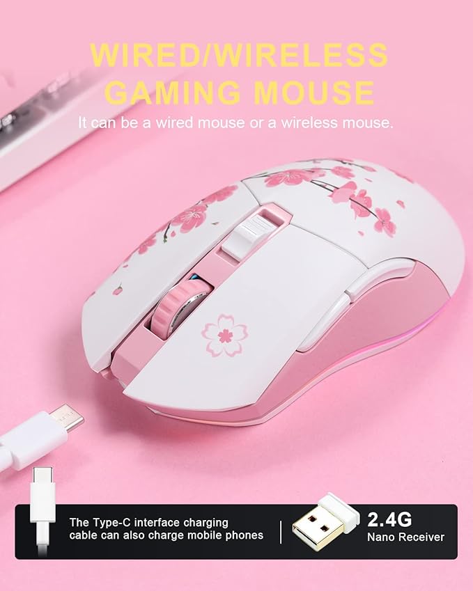 DAREU Sakura Pink Wireless Wired Gaming Mouse, Dual-Mode Rechargeable 6 Programmable Buttons,10K DPI,RGB and 7 Adjustable DPI Levels up to [150IPS] [1000Hz Polling Rate] for PC Notebook Mac