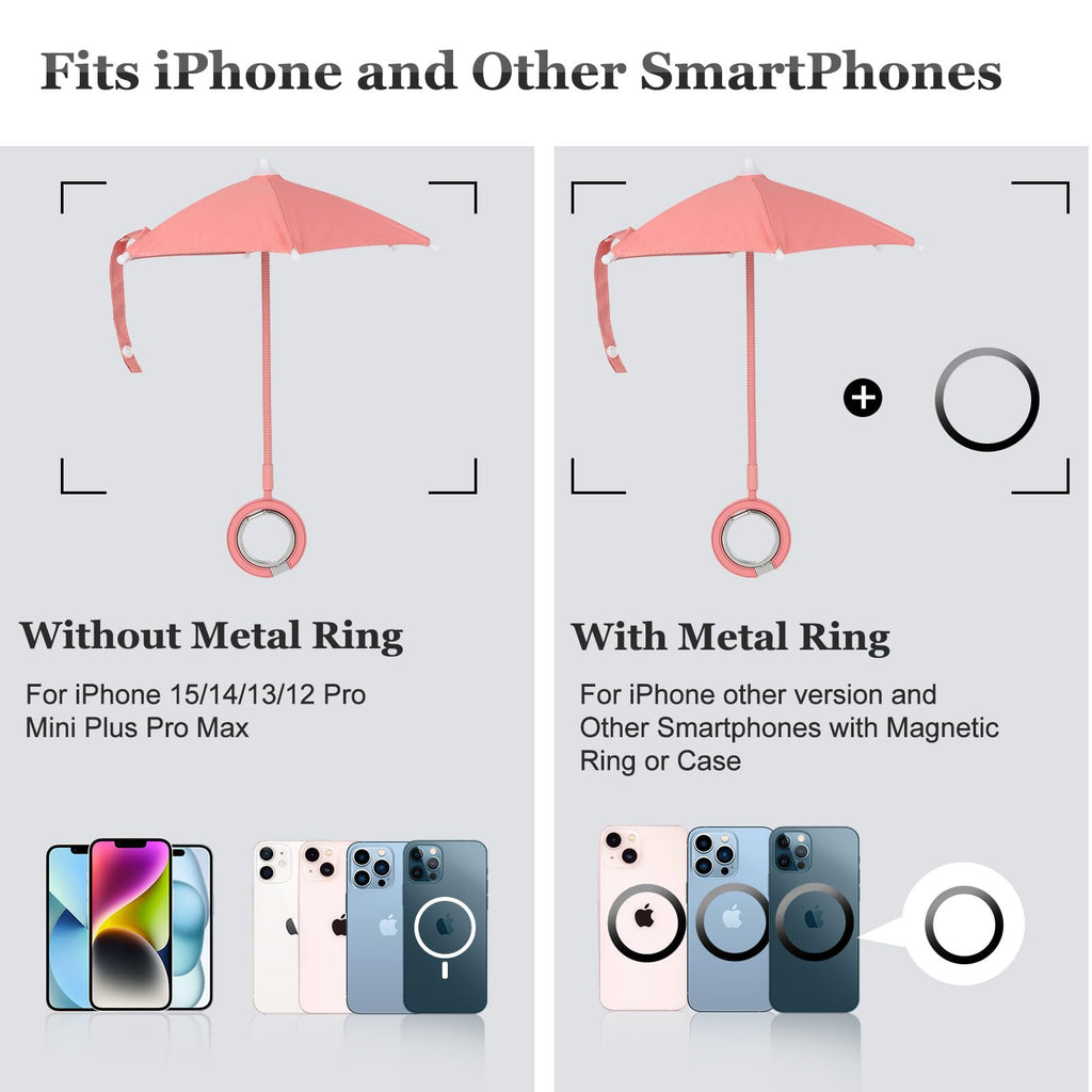 Magnetic Umbrella Phone Stand for Sun Protection,Adjustable Sun Shade Shield for iPhone 16/15/14/13/12 Pro Max,Samsung & Google,Detachable Ring Stand,Heat-Resistant Design,Car Mount Compatible, Pink