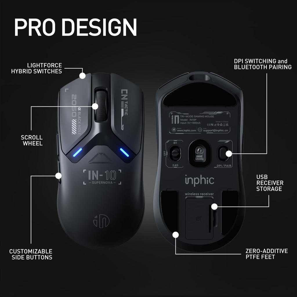 INPHIC IN10P Superlight Wireless Gaming Mouse, 60g, 8K Polling Rate, 26,000 DPI, Tri-Mode, PAW3395 Sensor, Fully Programmable