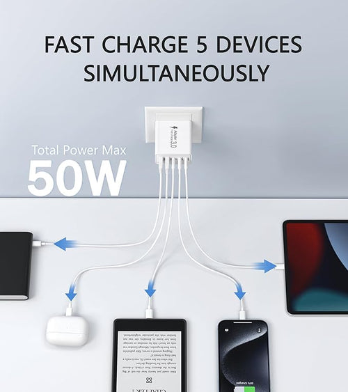 2Pack USB C Fast Charger Block,60W 5-Port USB Wall Charger Brick,2 USB A & 3 USB C PD3.0 Power Adapter Multiport Type C Charging Plug for iPhone 17/16/15/14,Pad Mini/Pro,AirPods 4,GalaxyS25(White)