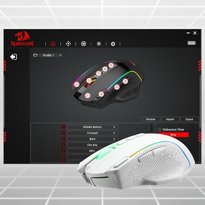 Redragon M991 Wireless Gaming Mouse, 26000 DPI 3-Mode Gamer Mice w/Rapid Fire Key, 9 Macro Buttons, Powerful Capacity and RGB Backlight for PC/Mac/Laptop, White