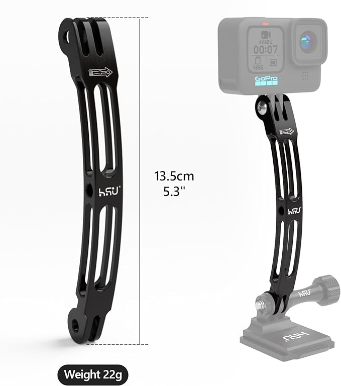 HSU Aluminum Alloy Curved Extension Arm (5.3”) Metal Pole Mount Helmet Stick Extension Arm Mount for GoPro Hero 13/12/11/10/9/8/7/6 Black, DJI Osmo Action 4/3 and More Action Cameras (Black)