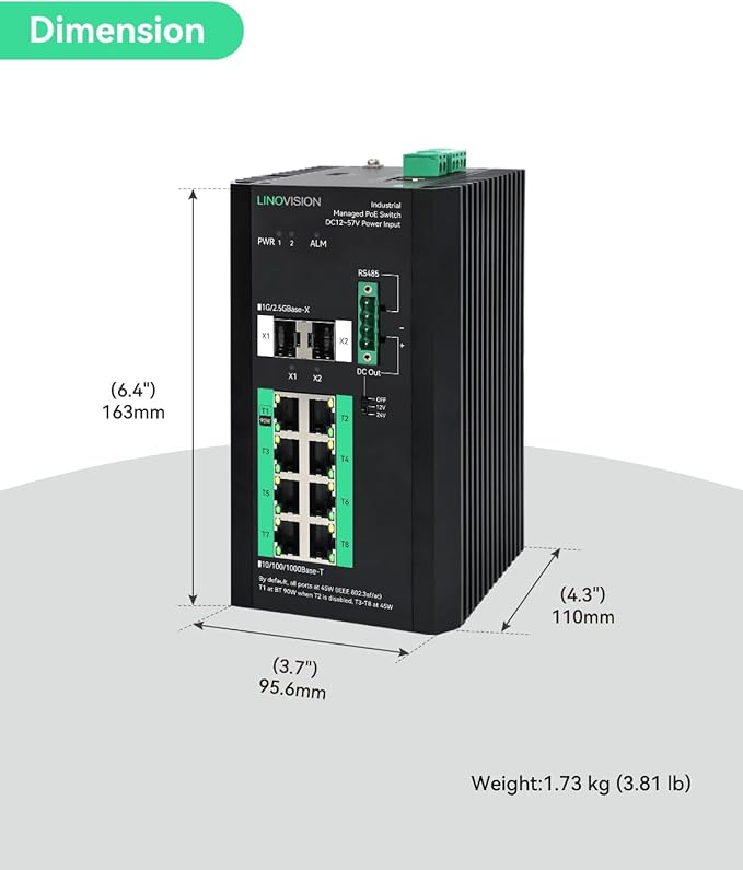 LINOVISION Industrial 8 Ports Gigabit Managed PoE Switch with DC12~57V Input, L2 Management, RS485 Serial Port, DC 12/24V Output, BT 90W Output
