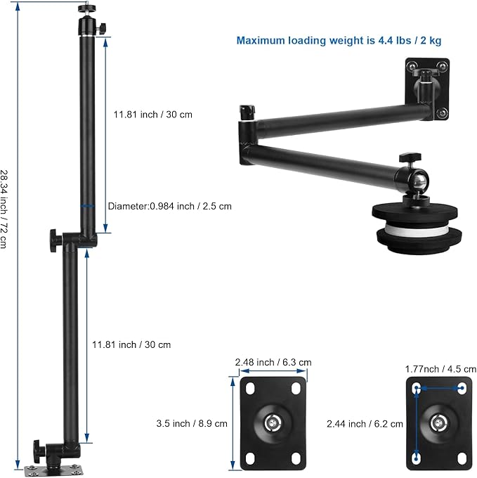 Articulating Camera Wall Moun with 1/4"-20 Threaded Compatible with DSLR/Security/Webcam/Action/LED Light/CCTV POV Camcorder Cameras,Adjustable Aluminium Alloy Arm Metal Base