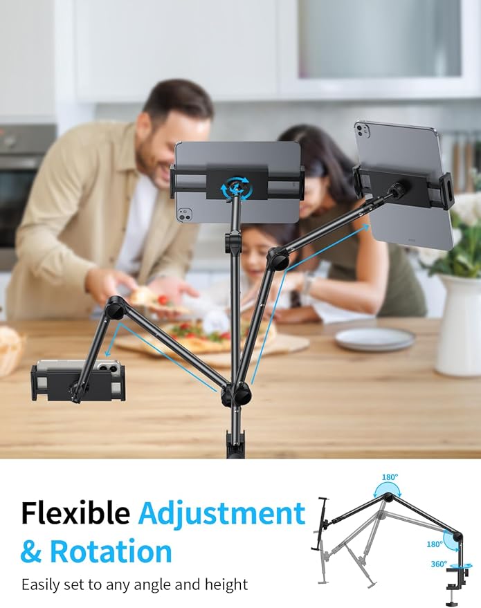 OMOTON Tablet Stand Mount for Desk, Adjustable Phone Holder for Bed with Metal Arm Fits for 4.7-11 Inches iPad Pro, Air/Mini, Kindle and Phones