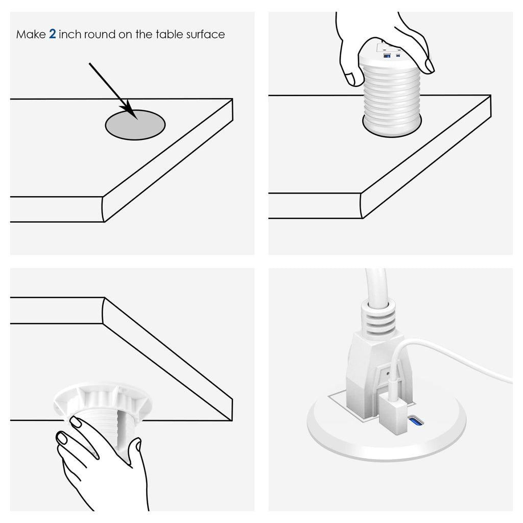 2 inch Desk Power Grommet with PD 20W USB C,Ultra-Flat Plug Power Strip,Recessed Outlet,Desktop Power Grommet for Office PC Desk Cable Cord Cover,Table Outlets for Home, Office,6 ft Cable(White)