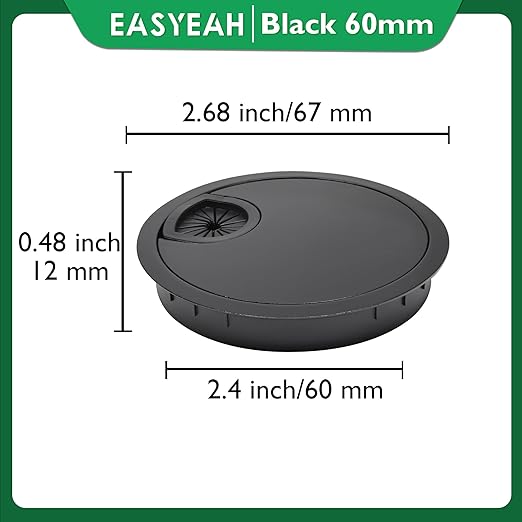 1 Pcs Desk Grommet 2-3/8" / 60 mm, Desk Cord Hole Cover, Cable Grommet Metal Zinc Alloy Materilal, Desk Hole Grommet for Home & Office Pc, Detachable Cable Cord Organizer-Flat Black