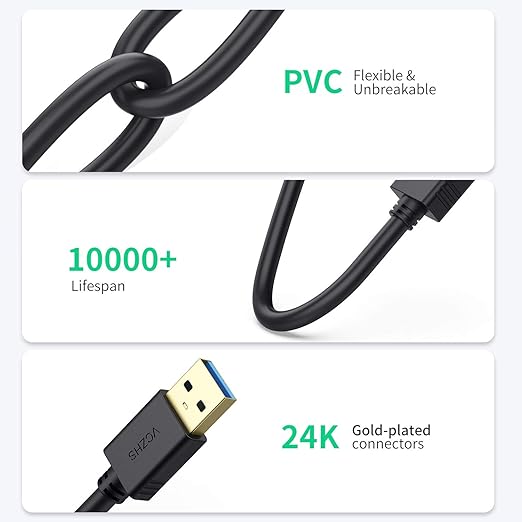 VCZHS Tech USB Extension Cable 3.3ft, USB 3.0 Extender for High-Speed Data Transfer & Fast Charging, Durable & Flexible for Mouse, Keyboard, Printer, Flash Drive, Webcam, and More