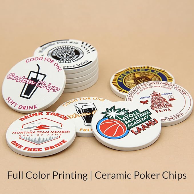 100 Custom 𝗖𝗲𝗿𝗮𝗺𝗶𝗰 𝗣𝗼𝗸𝗲𝗿 𝗖𝗵𝗶𝗽𝘀 with Your Personalized Text or Logo, 39mm/1.5 in Casino Poker Chips Sized