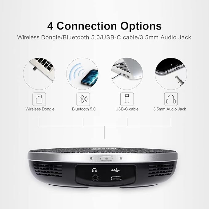 Tenveo Conference Speaker Microphone, Bluetooth/Dongle/USB Connectivity, 360° Sound Pickup and AI Noise Reduction, Compatible with Zoom, Teams, OBS, Supports 10-12 People for 8 Hours of Talk Time