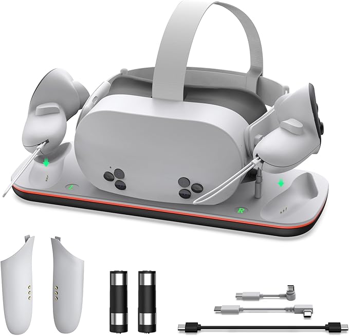 Charging Dock for Quest 3S, VR Stand for Meta Quest3, Charge Station for Oculus Quest 3S Supports Headset with Type-C Magnetic Suction Cable and Rechargeable Battery to Fit Controller