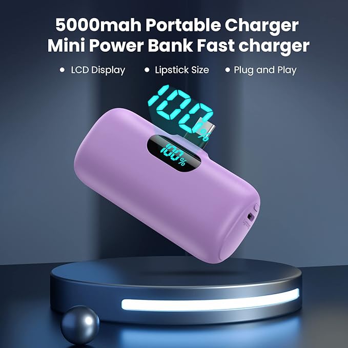 [2 Pack] Samll Portable Charger for iPhone 16/15 Series, 5000mAh 3A PD USB C Power Bank, Mini LCD Display Battery Pack Compatible with iPhone 16/16 Plus/16 Pro/15 Pro Max,Samsung,Android/Moto/LG etc
