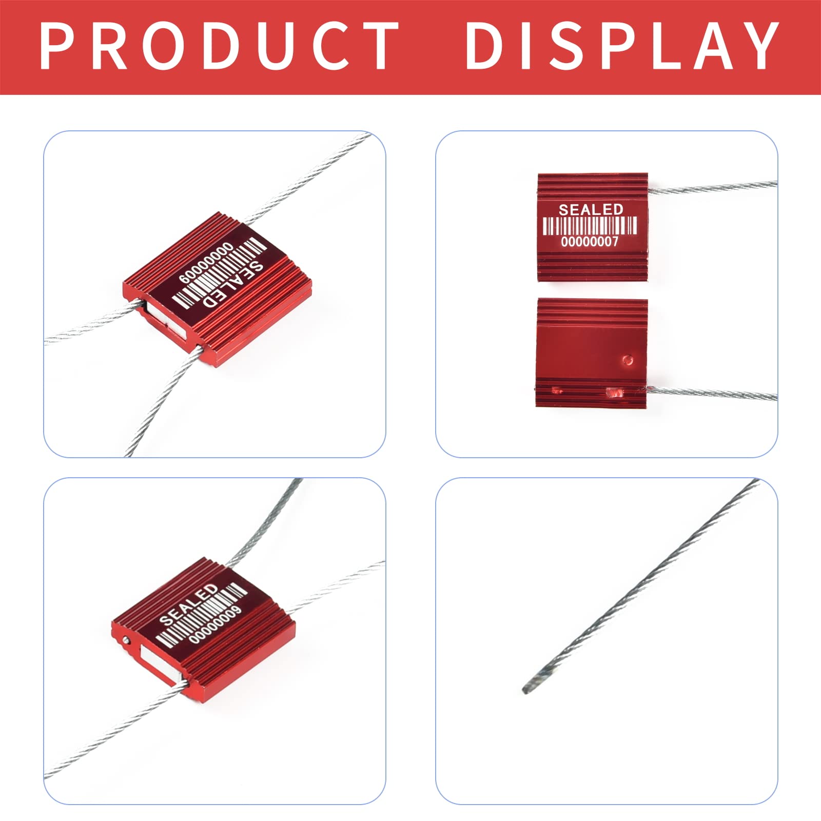 LeadSeals 100 Red Steel Cable Seals With Barcode - High Security Numbered Truck Anti-Tamper Pull Tite Tags - Metal Container Shipping Self-Locking Safety Ties ISO 17712
