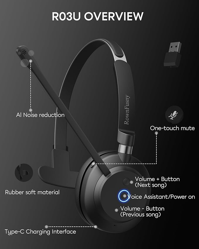 Bluetooth Headphones Wireless Headset with Mic for Work-V5.3 Computer Headsets with Noise Reduction Microphone, 2.4Ghz USB Dongle & Mute Button for PC, Laptop, Office, Home
