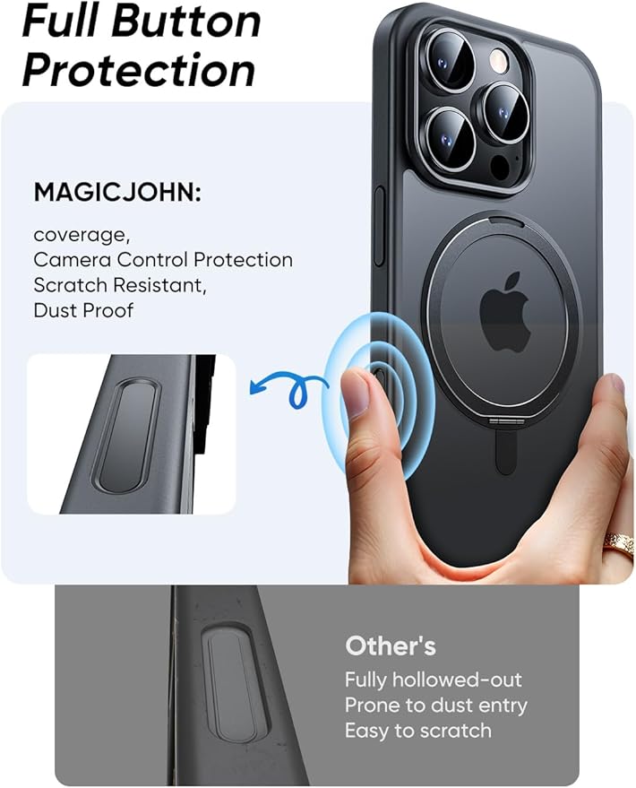 MAGIC JOHN 360° Rotatable Magnetic Invisible Stand for iPhone 16 Pro Max Case [Camera Control Button] [Compatible with MagSafe] 16FT Shockproof for iPhone 16 Pro Max Case with Kickstand, Black