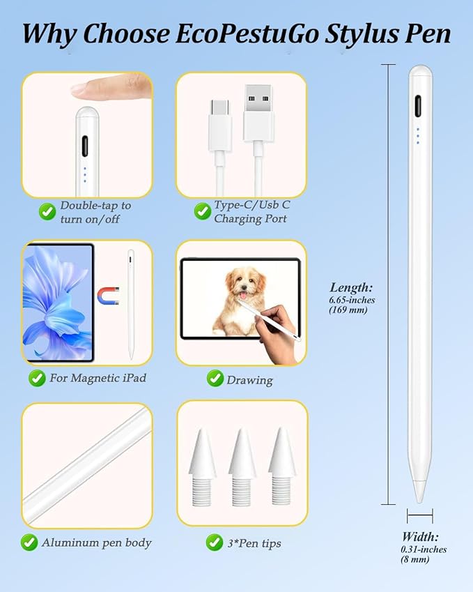 Stylus Pencil for Apple iPad 2018-2025 A16 11/10/9/8/7/6,iPad mini A17 Pro/6/5,iPad Air M3/M2 11"/13"/5/4/3,iPad Pro M4 13"/12.9"/11" USB-C Fast Charging Pencil,Pixel-Perfect Tilt Sensitivity
